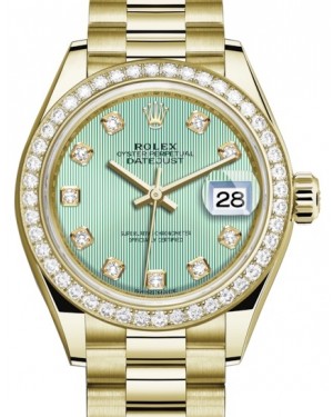 Rolex Lady Datejust 28 Yellow Gold Mint Green Diamond Dial & Diamond Bezel President Bracelet 279138RBR - BRAND NEW