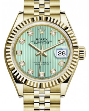 Rolex Lady Datejust 28 Yellow Gold Mint Green Diamond Dial & Fluted Bezel Jubilee Bracelet 279178 - BRAND NEW