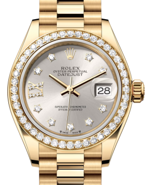 Rolex Lady Datejust 28 Yellow Gold Silver Diamond IX Dial & Diamond Bezel President Bracelet 279138RBR - BRAND NEW