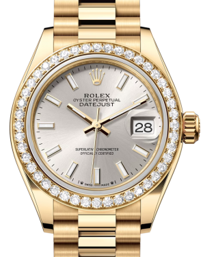 Rolex Lady Datejust 28 Yellow Gold Silver Index Dial & Diamond Bezel President Bracelet 279138RBR - BRAND NEW
