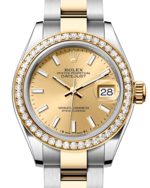 Rolex Lady Datejust 28 Yellow Gold/Steel Champagne Index Dial & Diamond Bezel Oyster Bracelet 279383RBR - BRAND NEW