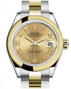Rolex Lady Datejust 28 Yellow Gold/Steel Champagne Roman Dial & Smooth Domed Bezel Oyster Bracelet 279163 - BRAND NEW