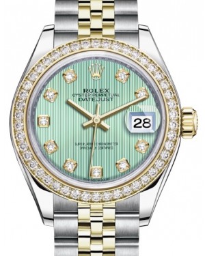 Rolex Lady Datejust 28 Yellow Gold/Steel Mint Green Diamond Dial & Diamond Bezel Jubilee Bracelet 279383RBR - BRAND NEW