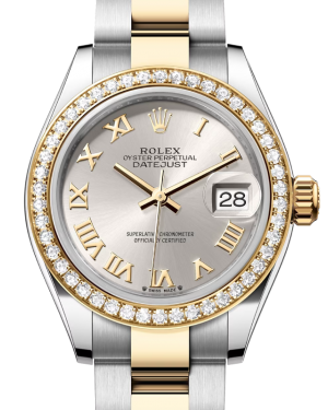 Rolex Lady Datejust 28 Yellow Gold/Steel Silver Roman Dial & Diamond Bezel Oyster Bracelet 279383RBR - BRAND NEW