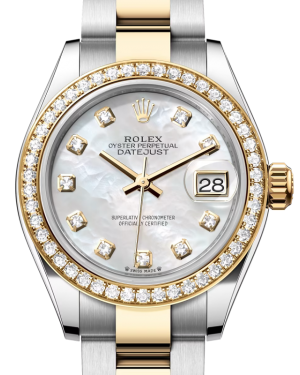 Rolex Lady Datejust 28 Yellow Gold/Steel White Mother of Pearl Diamond Dial & Diamond Bezel Oyster Bracelet 279383RBR - BRAND NEW
