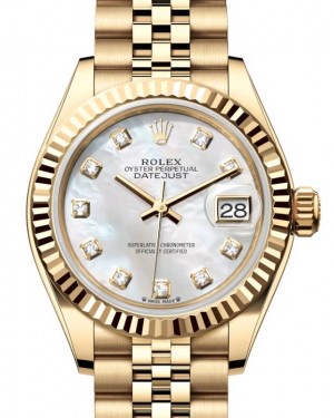 Rolex Lady Datejust 28 Yellow Gold White Mother of Pearl Diamond Dial & Fluted Bezel Jubilee Bracelet 279178 - BRAND NEW