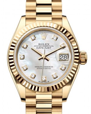 Rolex Lady Datejust 28 Yellow Gold White Mother of Pearl Diamond Dial & Fluted Bezel President Bracelet 279178 - BRAND NEW