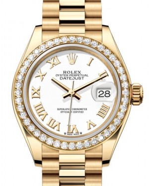 Rolex Lady Datejust 28 Yellow Gold White Roman Dial & Diamond Bezel President Bracelet 279138RBR - BRAND NEW