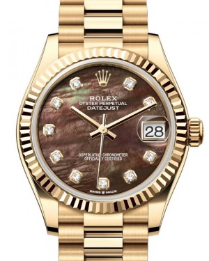 Rolex Lady-Datejust 31 Yellow Gold Black Mother of Pearl Diamond Dial & Fluted Bezel President Bracelet 278278 - BRAND NEW