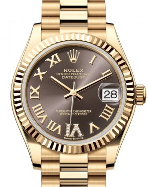 Rolex Lady-Datejust 31 Yellow Gold Dark Grey Roman Diamond VI Dial & Fluted Bezel President Bracelet 278278 - BRAND NEW