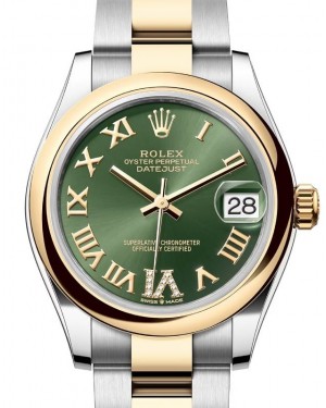 Rolex Lady-Datejust 31 Yellow Gold/Steel Olive Green Roman Diamond VI Dial & Smooth Domed Bezel Oyster Bracelet 278243 - BRAND NEW