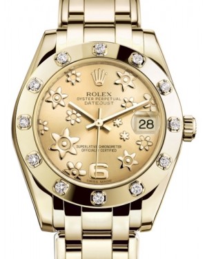 Rolex Pearlmaster 34 Yellow Gold Champagne Floral Motif Index Dial & Diamond Set Bezel Pearlmaster Bracelet 81318 - BRAND NEW