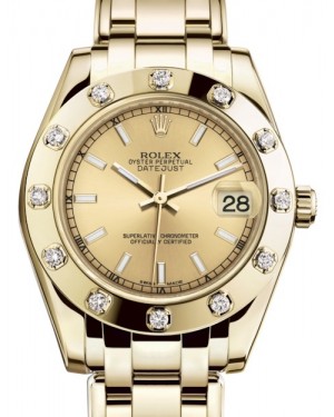 Rolex Pearlmaster 34 Yellow Gold Champagne Index Dial & Diamond Set Bezel Pearlmaster Bracelet 81318 - BRAND NEW