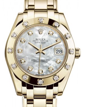 Rolex Pearlmaster 34 Yellow Gold White Mother of Pearl Diamond Dial & Diamond Set Bezel Pearlmaster Bracelet 81318 - BRAND NEW
