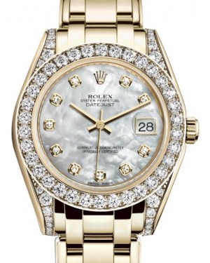 Rolex Pearlmaster 34 Yellow Gold White Mother of Pearl Diamond Dial & Diamond Set Case & Bezel Pearlmaster Bracelet 81298 - BRAND NEW