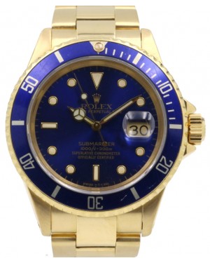 Rolex Submariner 16618 Blue 18k Yellow Gold 40mm Diver Oyster Date - PRE-OWNED