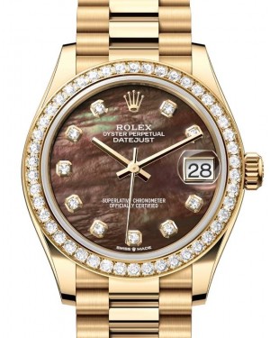 Rolex Datejust 31 Yellow Gold Black Mother of Pearl Dial & Diamond Bezel President Bracelet 278288RBR - BRAND NEW