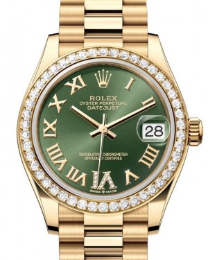 Rolex Datejust 31 Yellow Gold Olive Green Roman Dial & Diamond Bezel President Bracelet 278288RBR - BRAND NEW