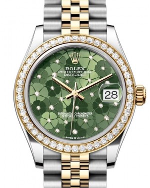 Rolex Datejust 31 Yellow Gold/Steel Olive Green Floral Motif Dial & Diamond Bezel Jubilee Bracelet 278383RBR - BRAND NEW