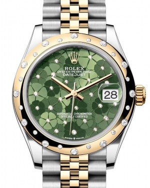 Rolex Datejust 31 Yellow Gold/Steel Olive Green Floral Motif Dial & Domed Set Diamond Bezel Jubilee Bracelet 278343RBR - BRAND NEW