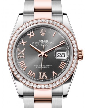 Rolex Datejust 36 Rose Gold/Steel Slate Roman Diamond VIIX Dial & Diamond Bezel Oyster Bracelet 126281RBR - BRAND NEW