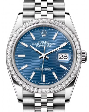 Rolex Datejust 36 White Gold/Steel Bright Blue Fluted Motif Index Dial Diamond Bezel Jubilee Bracelet 126284RBR - BRAND NEW