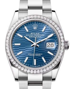 Rolex Datejust 36 White Gold/Steel Bright Blue Fluted Motif Index Dial Diamond Bezel Oyster Bracelet 126284RBR - BRAND NEW