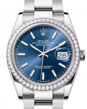 Rolex Datejust 36 White Gold/Steel Bright Blue Index Dial & Diamond Bezel Oyster Bracelet 126284RBR - BRAND NEW