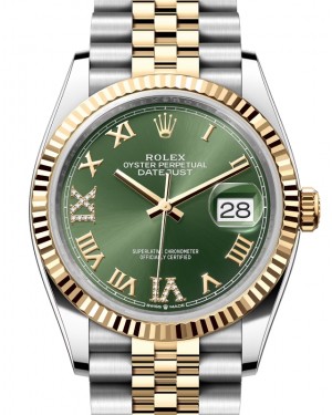 Rolex Datejust 36 Yellow Gold/Steel Olive Green Roman Diamond VIIX Dial & Fluted Bezel Jubilee Bracelet 126233 - BRAND NEW