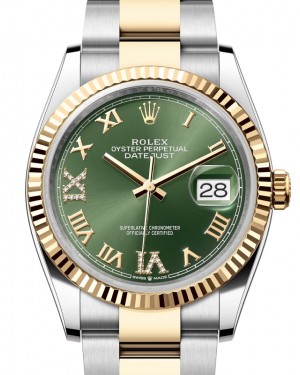 Rolex Datejust 36 Yellow Gold/Steel Olive Green Roman Diamond VIIX Dial & Fluted Bezel Oyster Bracelet 126233 - BRAND NEW