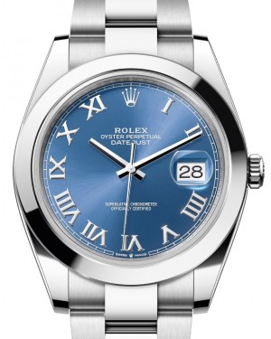 Rolex Datejust 41 Stainless Steel Azzurro Blue Roman Dial Smooth Bezel Oyster Bracelet 126300 - BRAND NEW