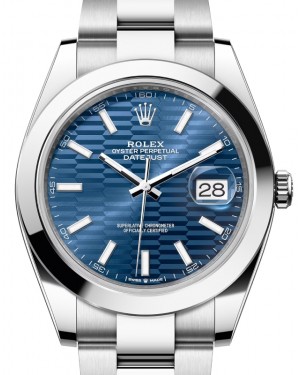 Rolex Datejust 41 Stainless Steel Bright Blue Fluted Motif Index Dial Smooth Bezel Oyster Bracelet 126300 - BRAND NEW