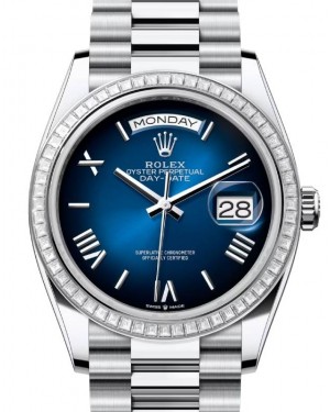 Rolex Day-Date 36 President Platinum Blue Ombre Index/Roman Dial Diamond Bezel 128396TBR