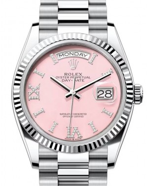 Rolex Day-Date 36 President Platinum Pink Opal Diamond Dial & Fluted Bezel 128236 - BRAND NEW
