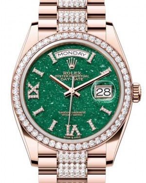 Rolex Day-Date 36 President Rose Gold Green Aventurine Dial Diamond Bezel & Bracelet 128345RBR