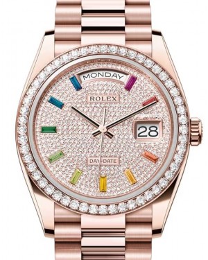 Rolex Day-Date 36 President Rose Gold Rainbow Colored Sapphires Dial & Diamond Bezel 128345RBR
