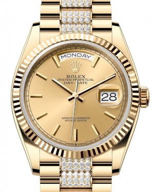 Rolex Day-Date 36 President Yellow Gold Champagne Index Dial Diamond Set Bracelet 128238