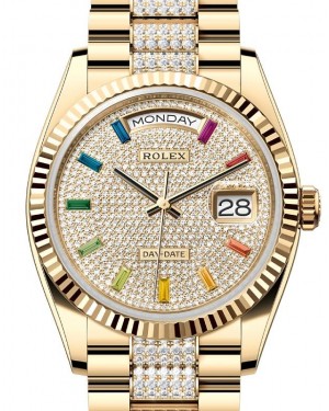 Rolex Day-Date 36 President Yellow Gold Rainbow Colored Sapphires Dial Fluted Bezel Diamond Bracelet 128238