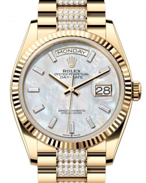 Rolex Day-Date 36 President Yellow Gold White Mother of Pearl Diamond Dial & Bracelet 128238