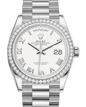 Rolex Day-Date 36 Silver Dial Diamond Bezel White Gold President Bracelet 128349RBR - BRAND NEW