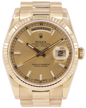 Rolex Day-Date 36 Yellow Gold Champagne Index Dial & Fluted Bezel President Bracelet 118238 - PRE-OWNED