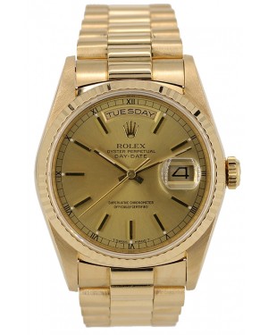 Rolex Day-Date 36 Yellow Gold Champagne Index Dial & Fluted Bezel President Bracelet 18238 - PRE-OWNED