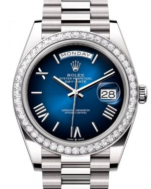 Rolex Day-Date 40 President White Gold Blue Ombre Index/Roman Dial Diamond Bezel 228349RBR
