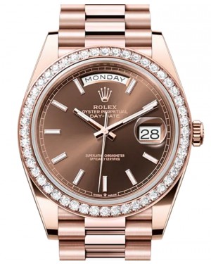 Rolex Day-Date 40 President Rose Gold Chocolate Index Dial Diamond Bezel 228345RBR