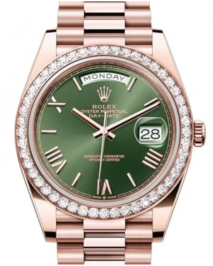 Rolex Day-Date 40 President Rose Gold Olive Green Index/Roman Dial Diamond Bezel 228345RBR