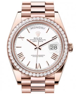 Rolex Day-Date 40 President Rose Gold White Index/Roman Dial Diamond Bezel 228345RBR