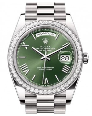 Rolex Day-Date 40 President White Gold Olive Green Index/Roman Dial Diamond Bezel 228349RBR