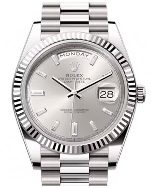 Rolex Day-Date 40 President White Gold Silver Baguette Diamond Dial 228239