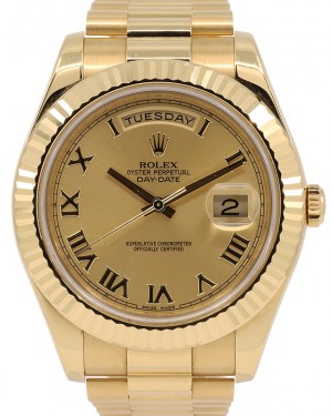 Rolex Day-Date II Yellow Gold Champagne Roman 41mm Dial & Fluted Bezel President Bracelet 218238 - PRE-OWNED