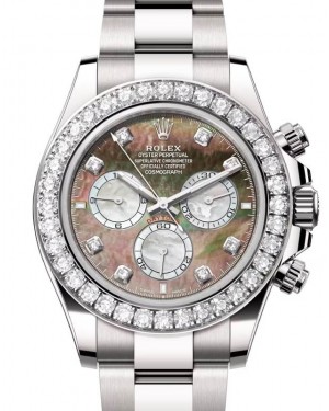 Rolex Daytona Oyster White Gold Black and White Mother of Pearl Diamond Dial & Bezel 126579RBR